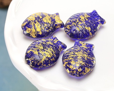 Czech Glass Sapphire w/ Gold Sunfish 24x18mm