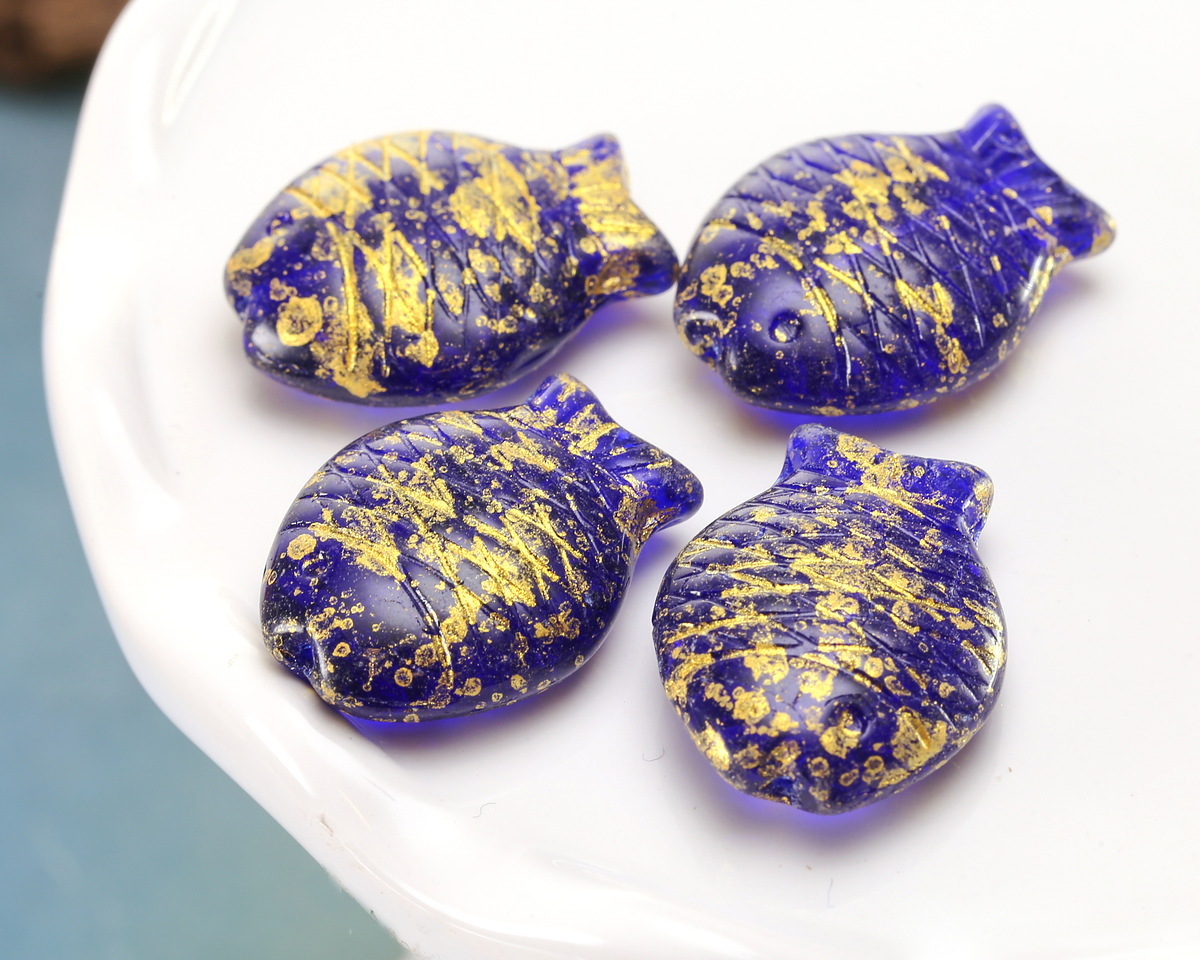 Czech Glass Sapphire w/ Gold Sunfish 24x18mm