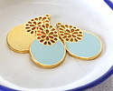 24K Gold (Plated) Aqua Blue Enamel Oval w/ Daisy Focal 21x35mm