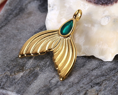 24K Gold (plated) Transparent Emerald Enamel Mermaid Tail Focal 24x30mm