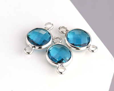 Pacific Blue Crystal Round Link in Silver Finish Bezel 14.5x8.5mm