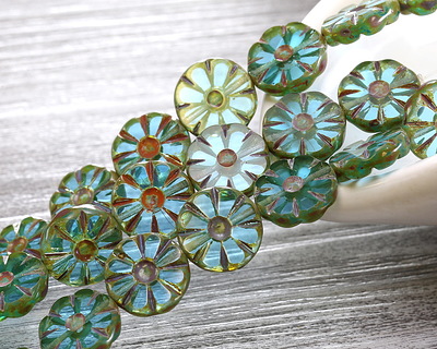Czech Glass Aquamarine Picasso Flower Window Coin 12mm