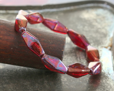 Czech Glass Ruby Red w/ Iris Wash Rhombus 14x7mm