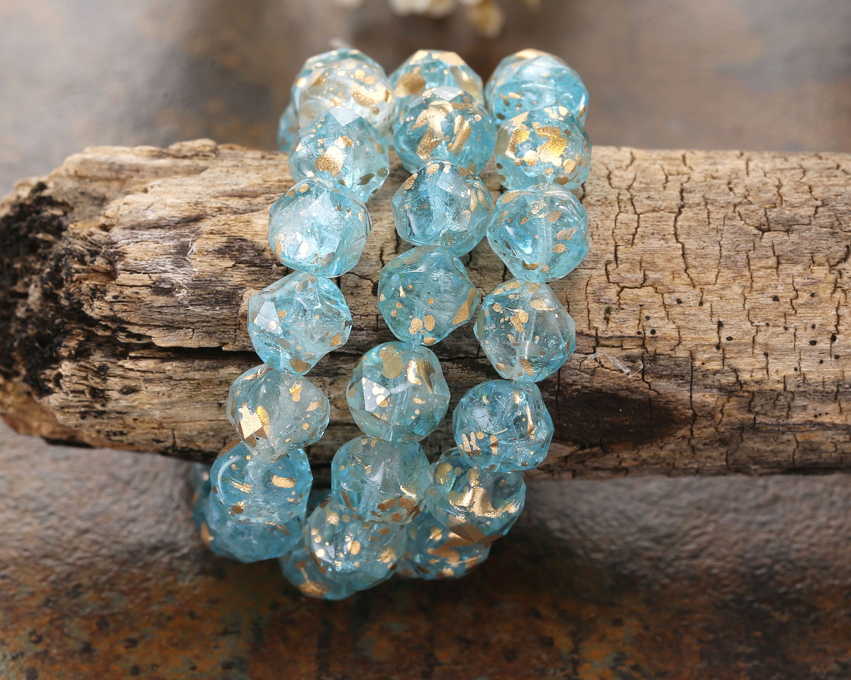 Czech Glass Aqua Ice w/ Antique Gold Flecks Chandelier Cut 8mm