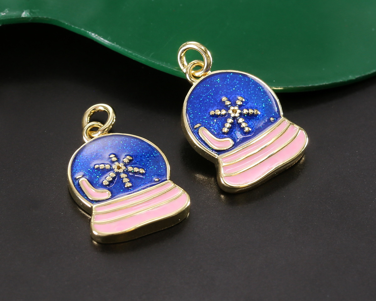 18k Gold (plated) Glitter Blue & Pink Enamel Snow Globe Focal 11x15mm