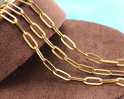 Waterproof 18K Gold PVD Plated Stainless Steel Flat Paperclip Chain, 11x4mm links, 5' Package