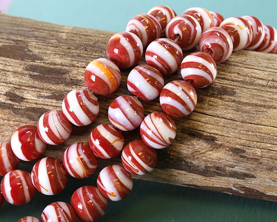 Brick Red & White Swirl Lampwork Glass Round 10mm