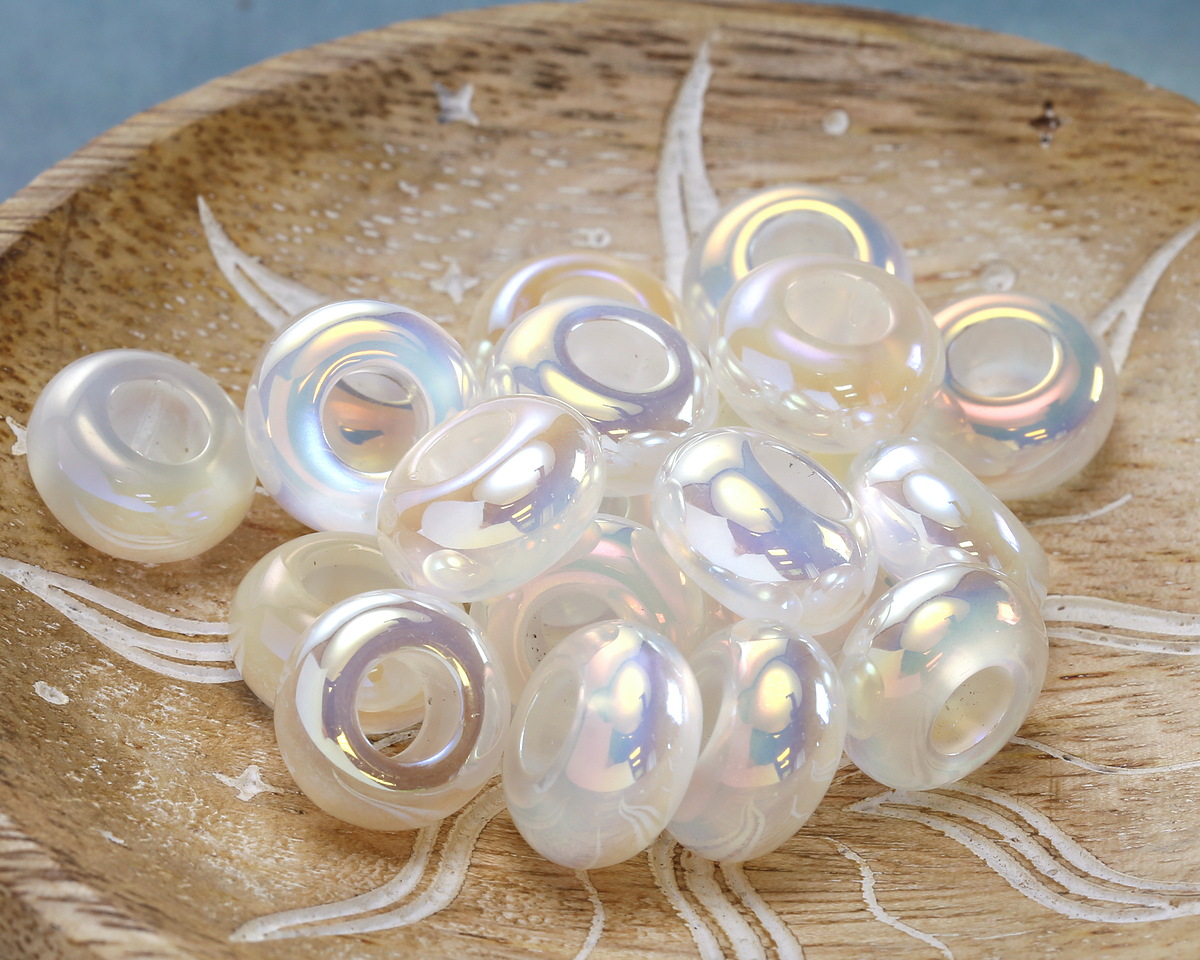 Iridescent White Opal Resin Large-Hole Rondelle 8x14mm