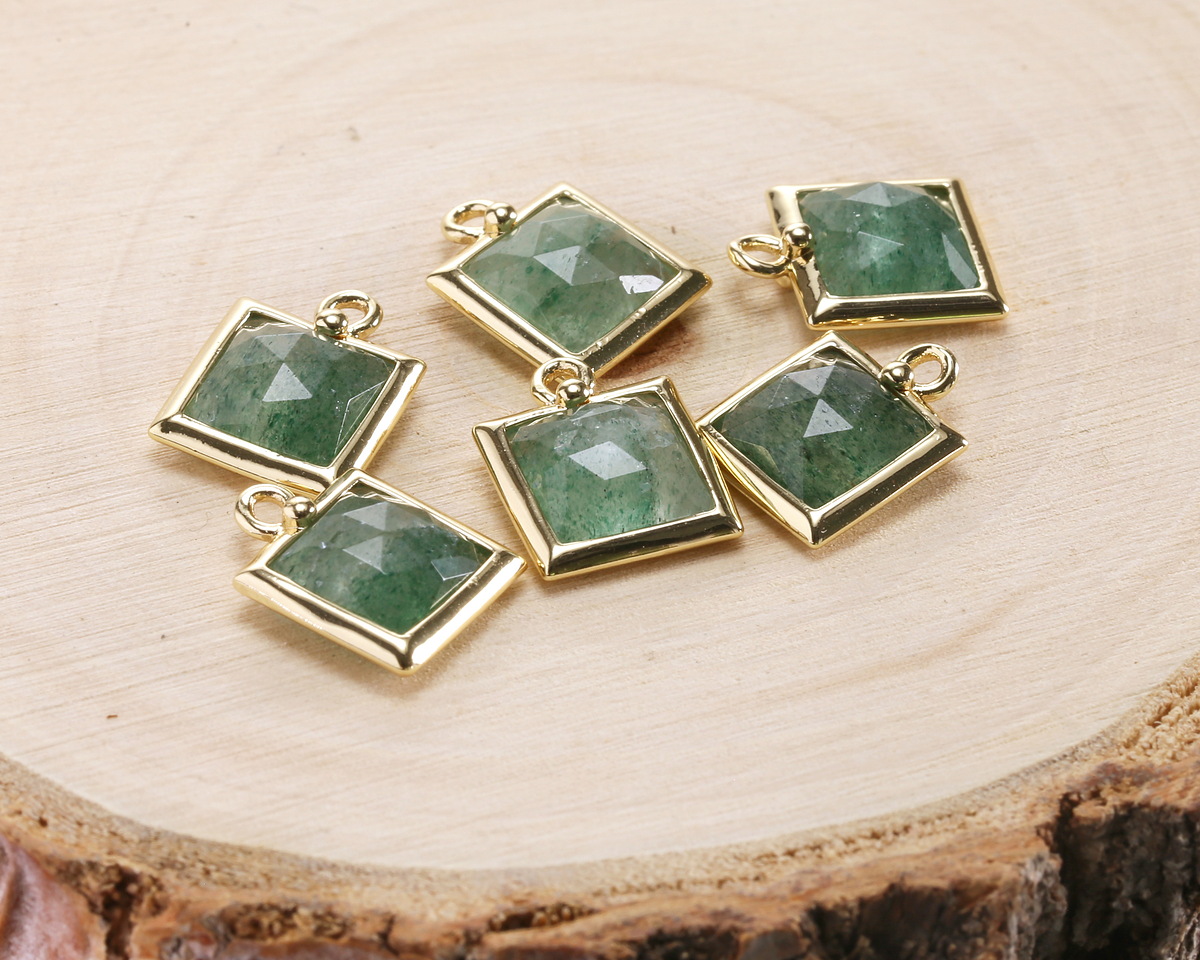 Green Strawberry Quartz w/ Gold Finish Faceted Square Focal 10x13mm