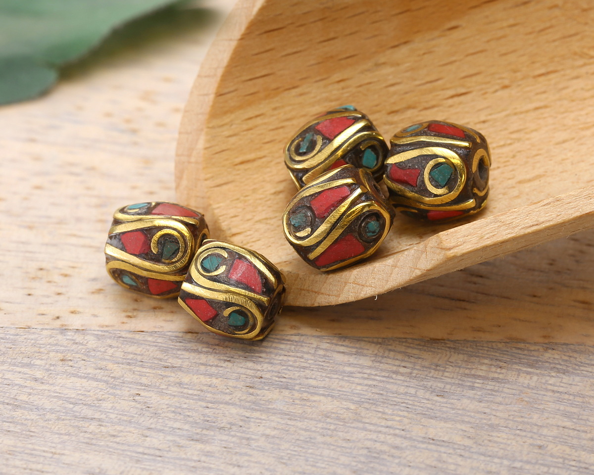 Nepalese Brass Bead w/ Turquoise Dots & Coral Mosaic Plumes 8x9mm