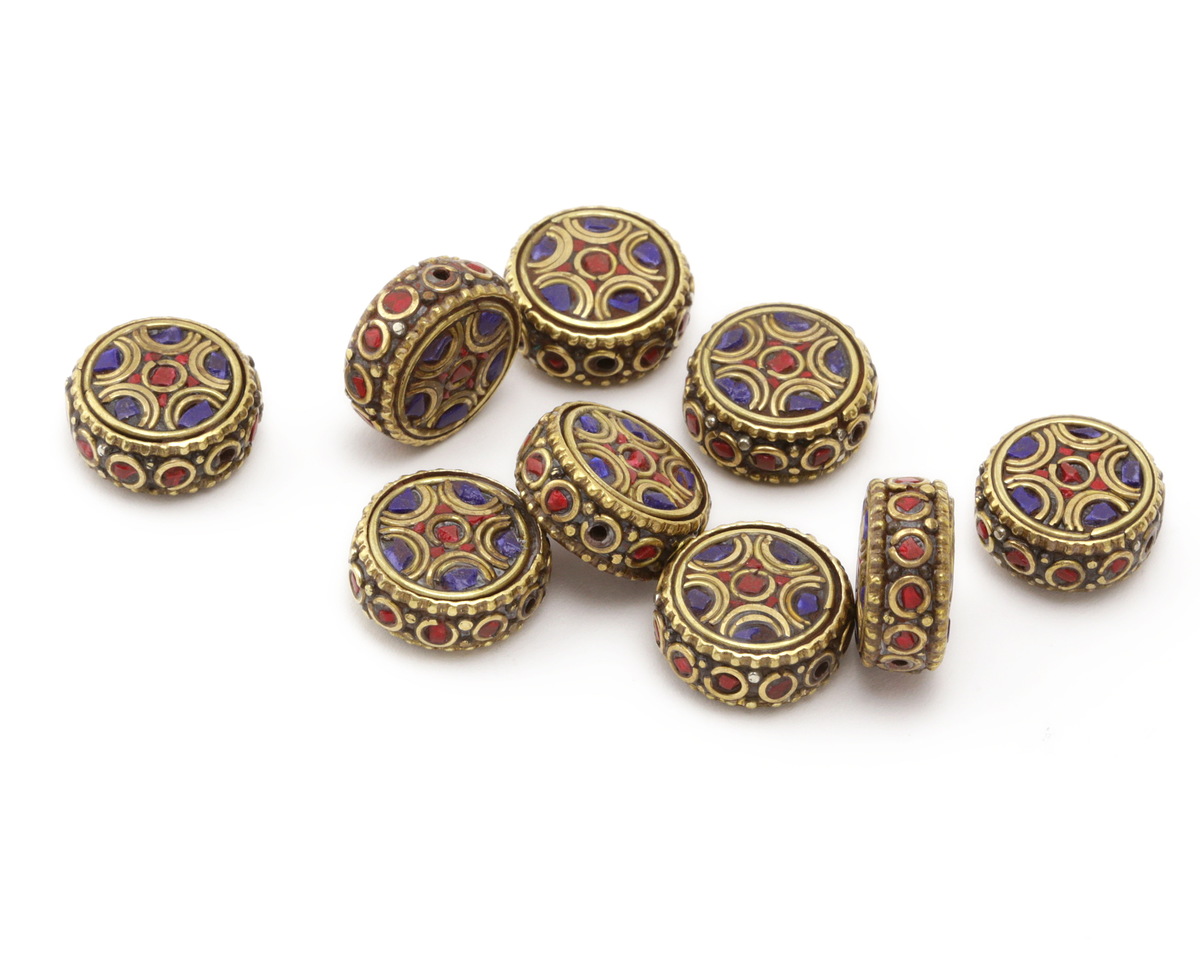 Nepalese Brass Cathedral Coin Bead w/ Lapis & Coral 18-20mm
