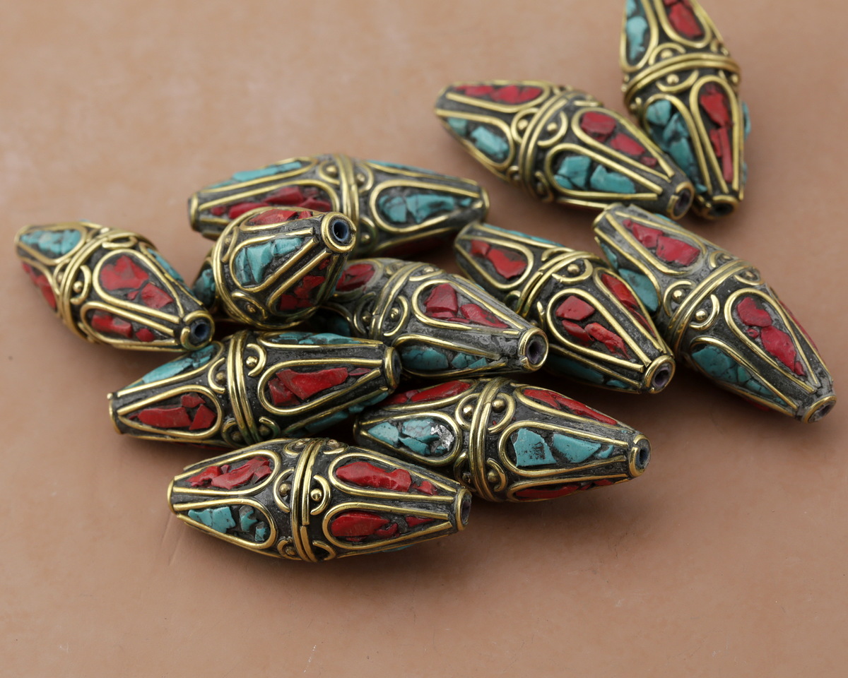 Nepalese Brass Rice Bead w/ Coral & Turquoise Mosaic Petals 35-38x14-15mm