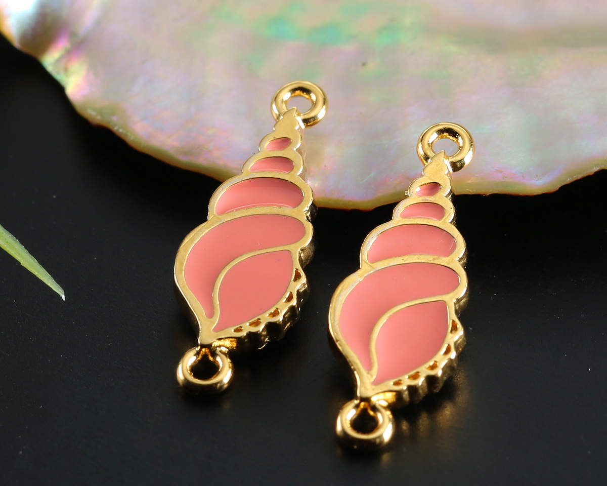 24K Gold (plated) Pink Coral Enamel Triton Shell Focal Link 23x8mm