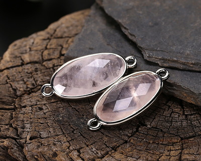 Rose Quartz (natural) Faceted Puff Oval Link w/ Silver Finish Bezel 12x20mm