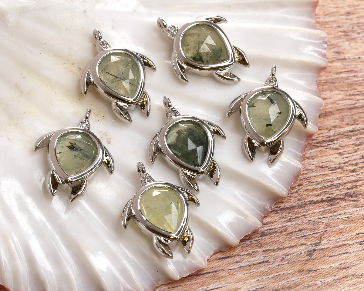 Prehnite w/ Silver Finish Sea Turtle Focal 15x19mm
