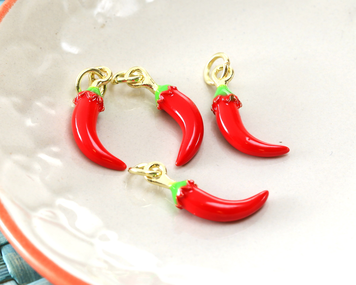 Chili Pepper Enamel w/ Gold Finish Charm 7x17.5mm