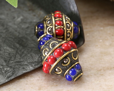 Nepalese Brass w/ Bands of Coral & Lapis Dots Rice 24-25x17mm