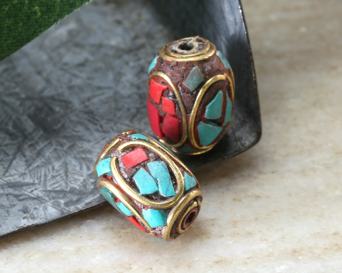 Nepalese Brass Ovals w/ Turquoise & Coral Mosaic Barrel Bead 14x10-11mm