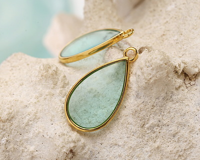 24K Gold (Plated) Transparent Sea Green Resin Drop Focal 13x23mm