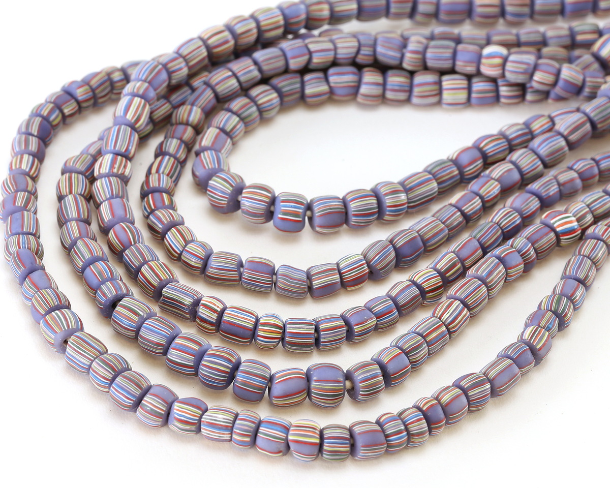 Java Glass Lavender & White w/ Stripes Graduated Gooseberry Beads 3-6x4-6mm