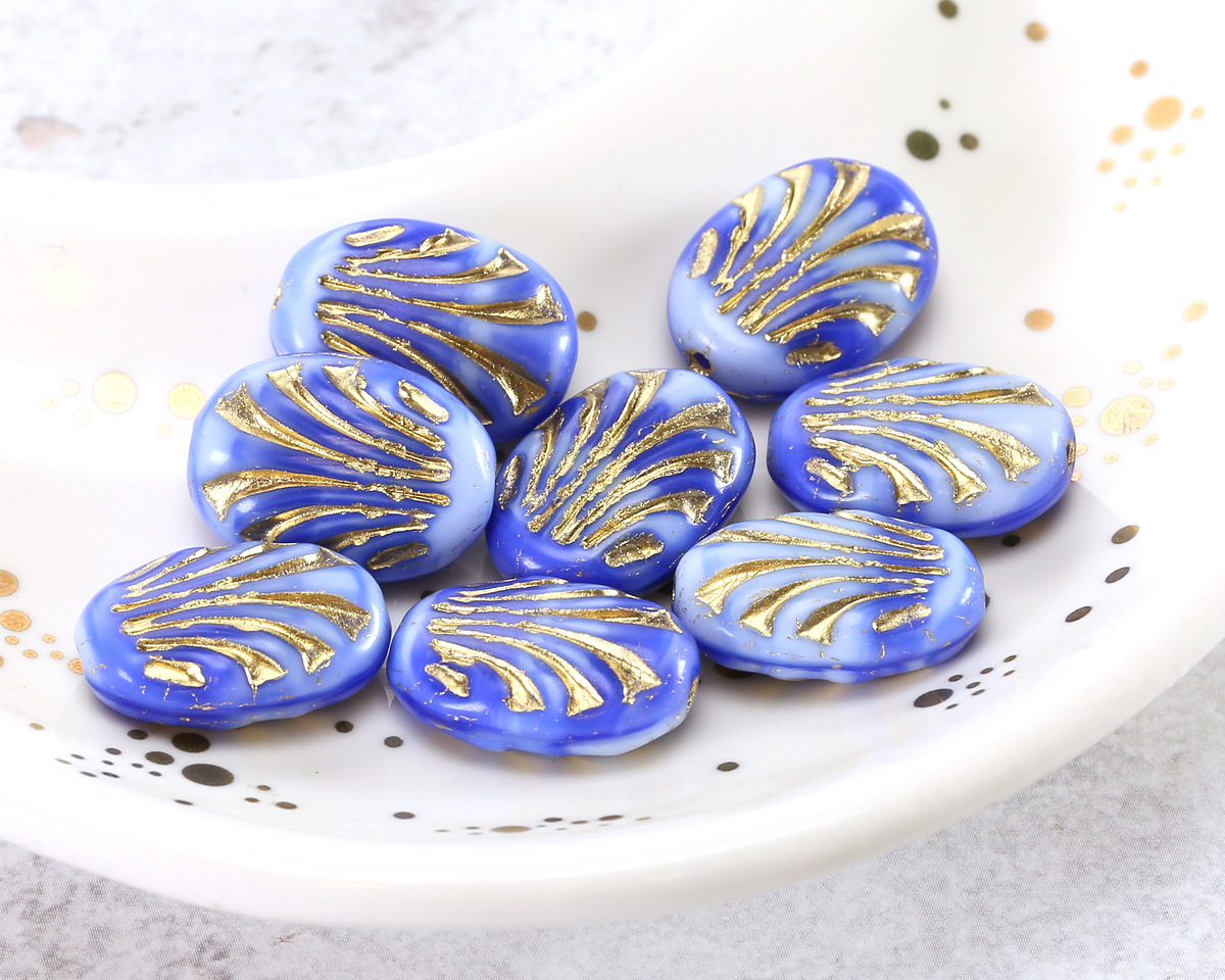 Czech Glass Cobalt Marble w/ Gold Fan Oval 17x12mm