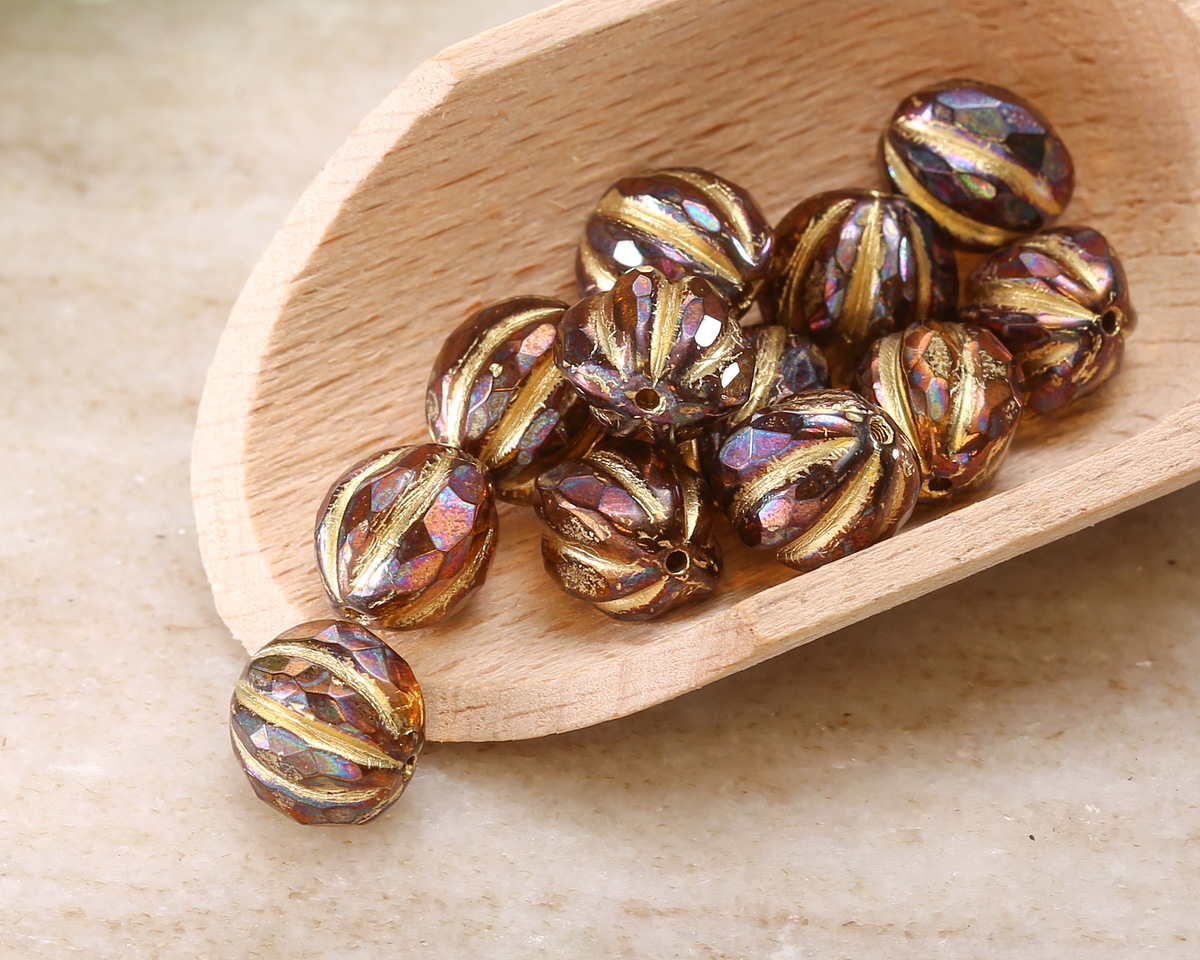 Czech Glass Dark Amber AB w/ Gold Faceted Melon Round 10mm