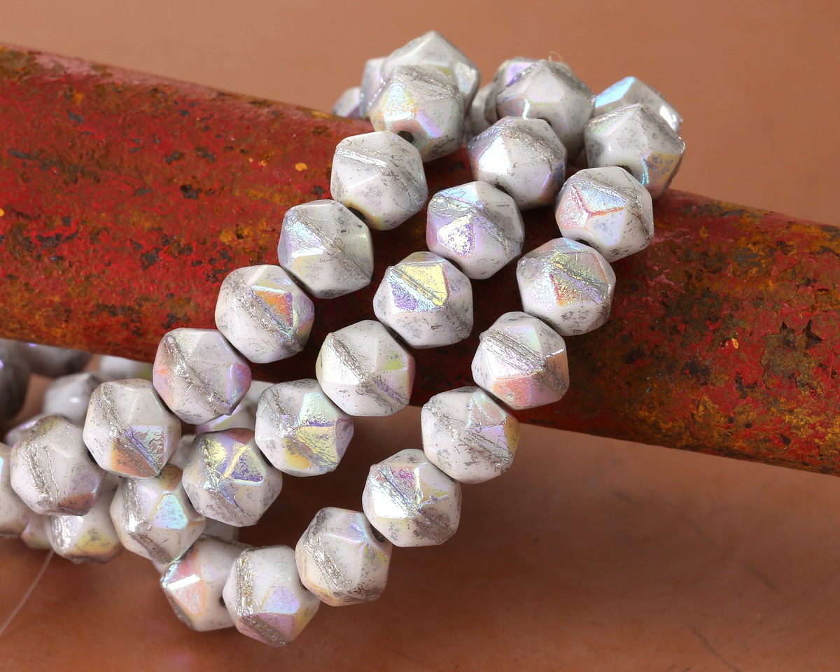 Czech Glass White AB w/ Silver Wash English Cut Bead 8mm