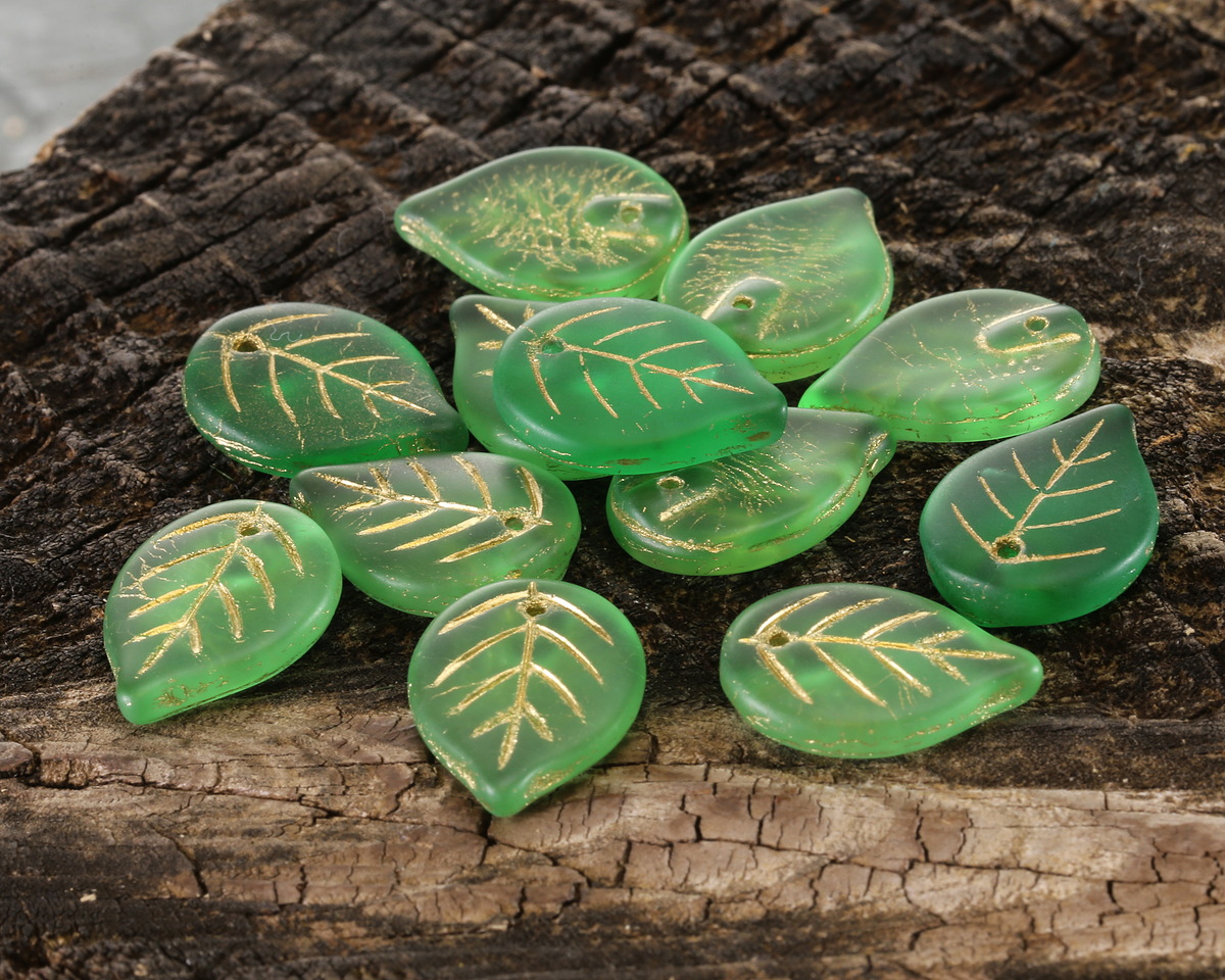 Czech Glass Matte Emerald w/ Gold Leaf Drop 18x13mm