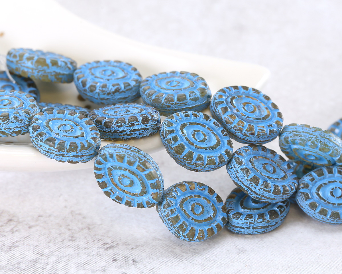 Czech Glass Amber Picasso w/ Turquoise Wash Mystic Eye 14x11mm