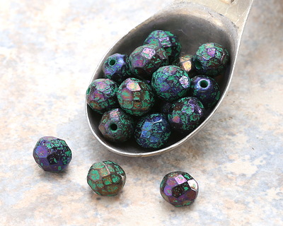 Czech Glass Textured Iris on Jet w/ Green Wash Fire Polished Round 8mm