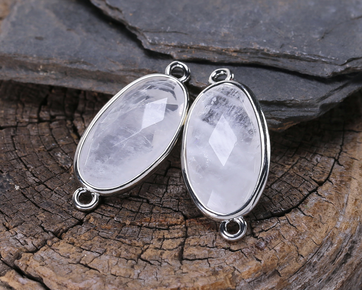 Rock Crystal Quartz Faceted Puff Oval Link w/ Silver Finish Bezel 12x20mm