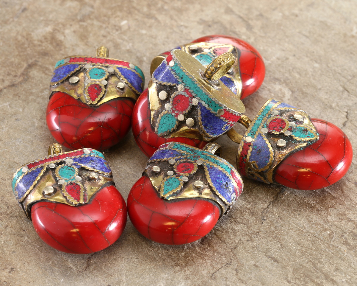 Nepalese Red Magnesite & Brass w/ Turquoise, Lapis & Coral Pendant 27x39mm