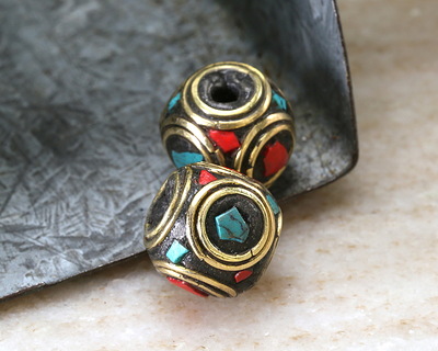 Nepalese Brass Double Ringed Turquoise & Coral Mosaic Cube 10-11mm