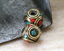 Nepalese Brass Double Ringed Turquoise & Coral Mosaic Cube 10-11mm