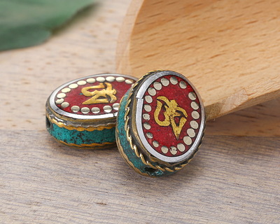 Nepalese White Brass & Brass "Om" Oval Coin Bead w/ Coral & Turquoise 16-18x20-22mm