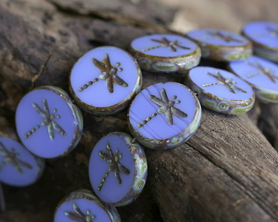 Czech Glass Cornflower Blue Picasso Dragonfly Coin 17mm