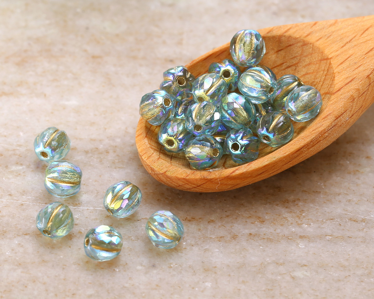 Czech Glass Aquamarine AB w/ Gold Faceted Melon Round 6mm