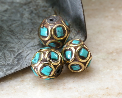 Nepalese Brass rings w/ Turquoise Mosaic Bead 8mm