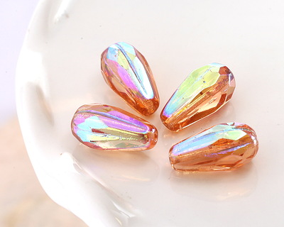 Czech Glass Rosaline AB w/ Platinum Faceted Teardrop 15x8mm
