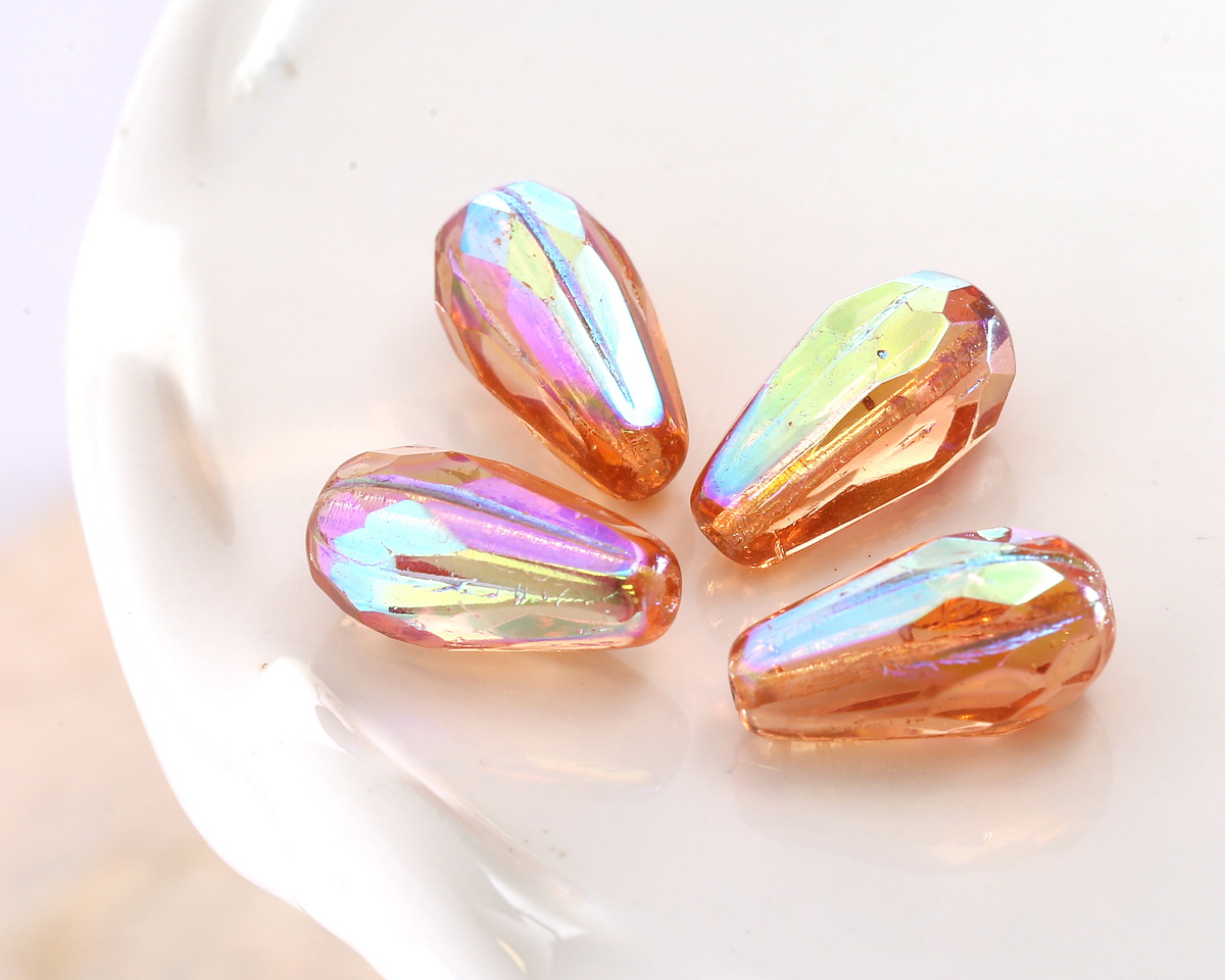 Czech Glass Rosaline AB w/ Platinum Faceted Teardrop 15x8mm