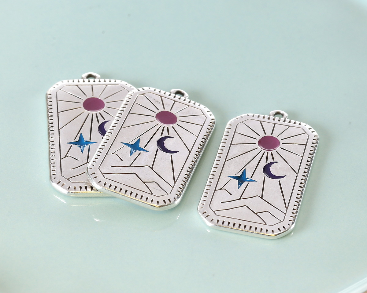 Antique Silver (plated) Colorful Enamel Tarot Card Focal 18x33mm
