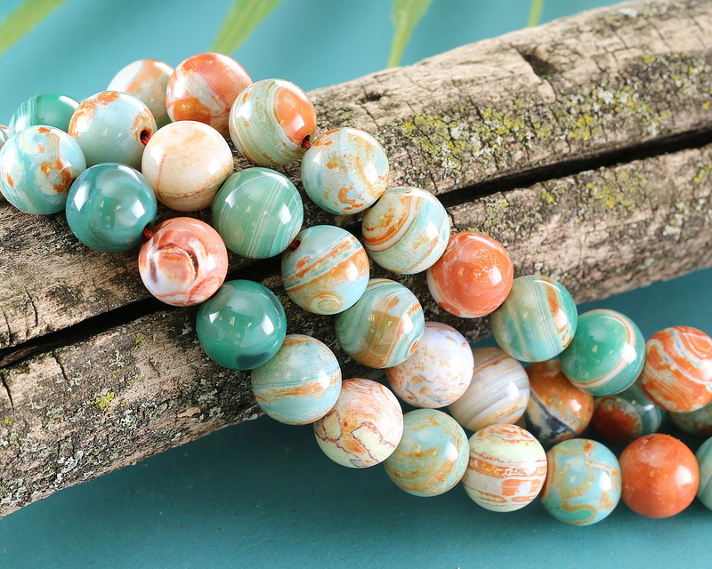 Sea Green & Orange Agate Round 10mm