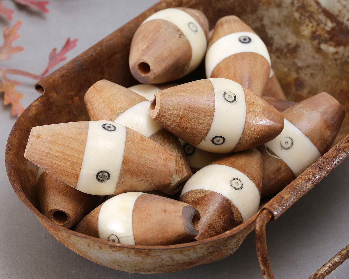 African Batiked Bone & Ebony Wood w/ Carved Circles Rice Bead 30-37x18-23mm