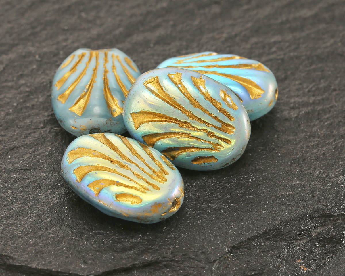 Czech Glass Blue Opal Swirl AB w/ Gold Fan Oval 17x12mm