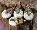 Nepalese White Shell & Brass Drop Scroll Pendant w/ Turquoise & Coral 26-27x47mm