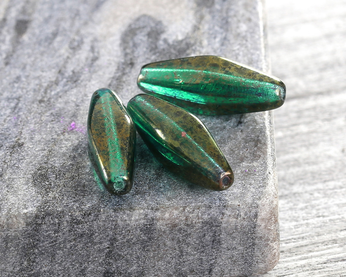 Czech Glass Emerald w/ Gold Luster Rhombus 20x8mm