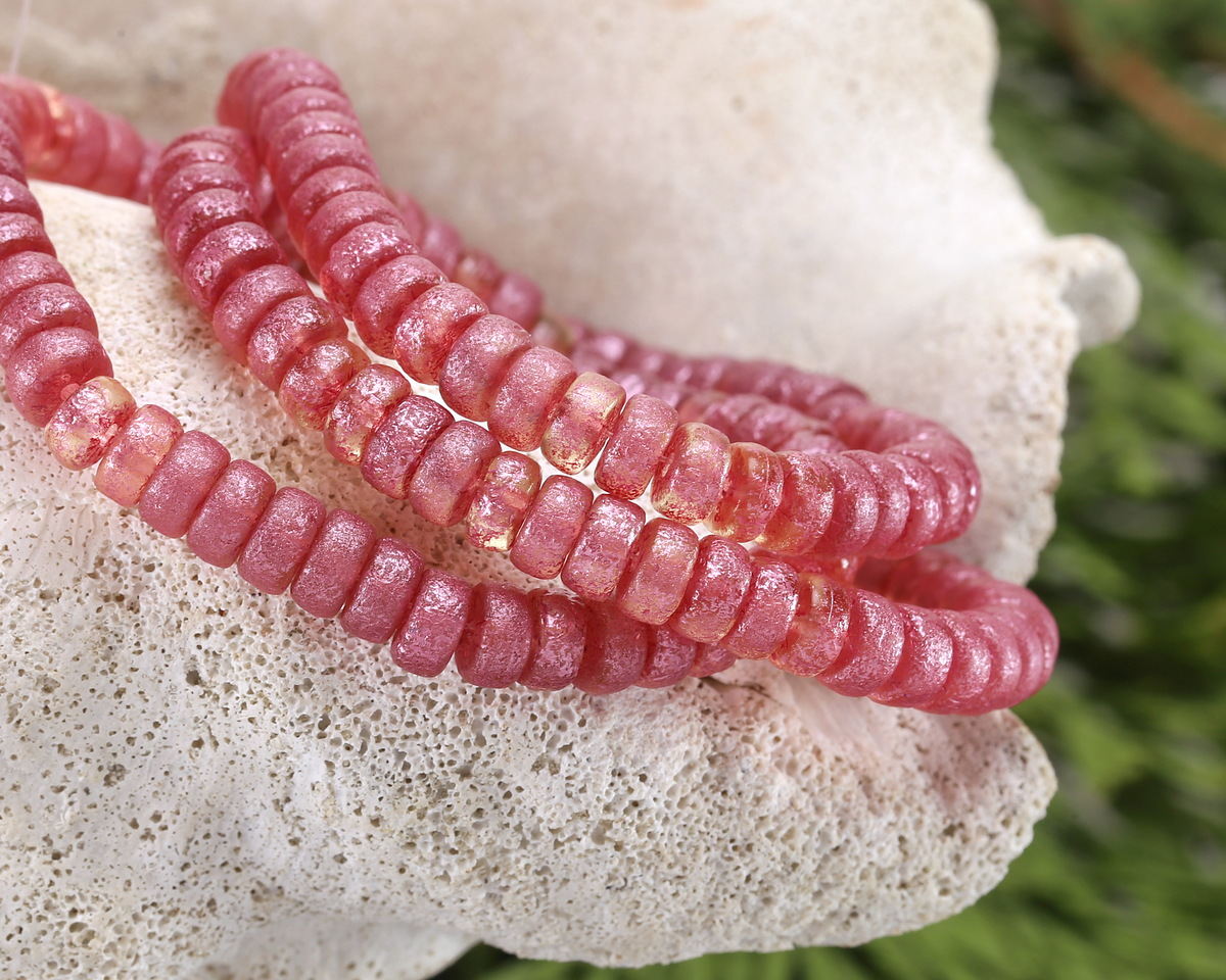Czech Glass Textured Crystal w/ Metallic Pink Wash Heishi 3x6mm