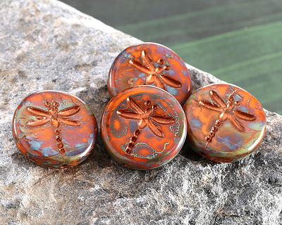 Czech Glass Hyacinth Picasso w/ Bronze Dragonfly Coin 17mm