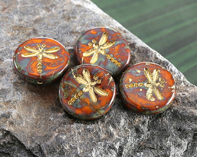 Czech Glass Hyacinth Picasso w/ Gold Dragonfly Coin 17mm