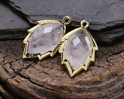 Rock Crystal Quartz Faceted Puff Leaf Focal w/ Gold Finish 14x22mm